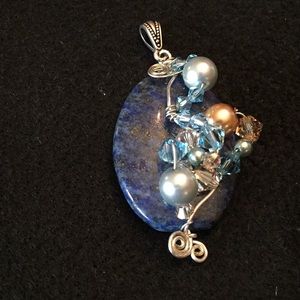 Blue lapis pendant silver wire, crystals & pearls